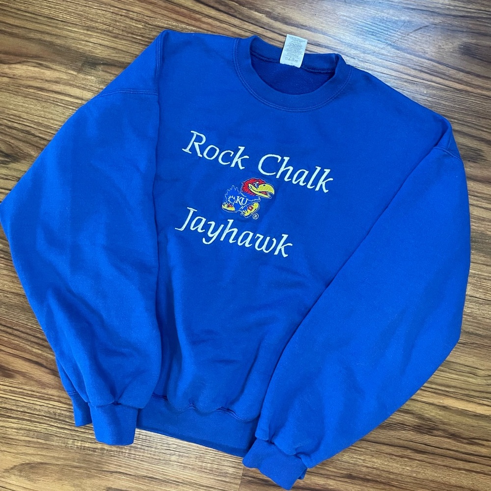 90’s Jerzees embroidered Kansas Jayhawks - “Rock Chalk” royal blue crewneck.